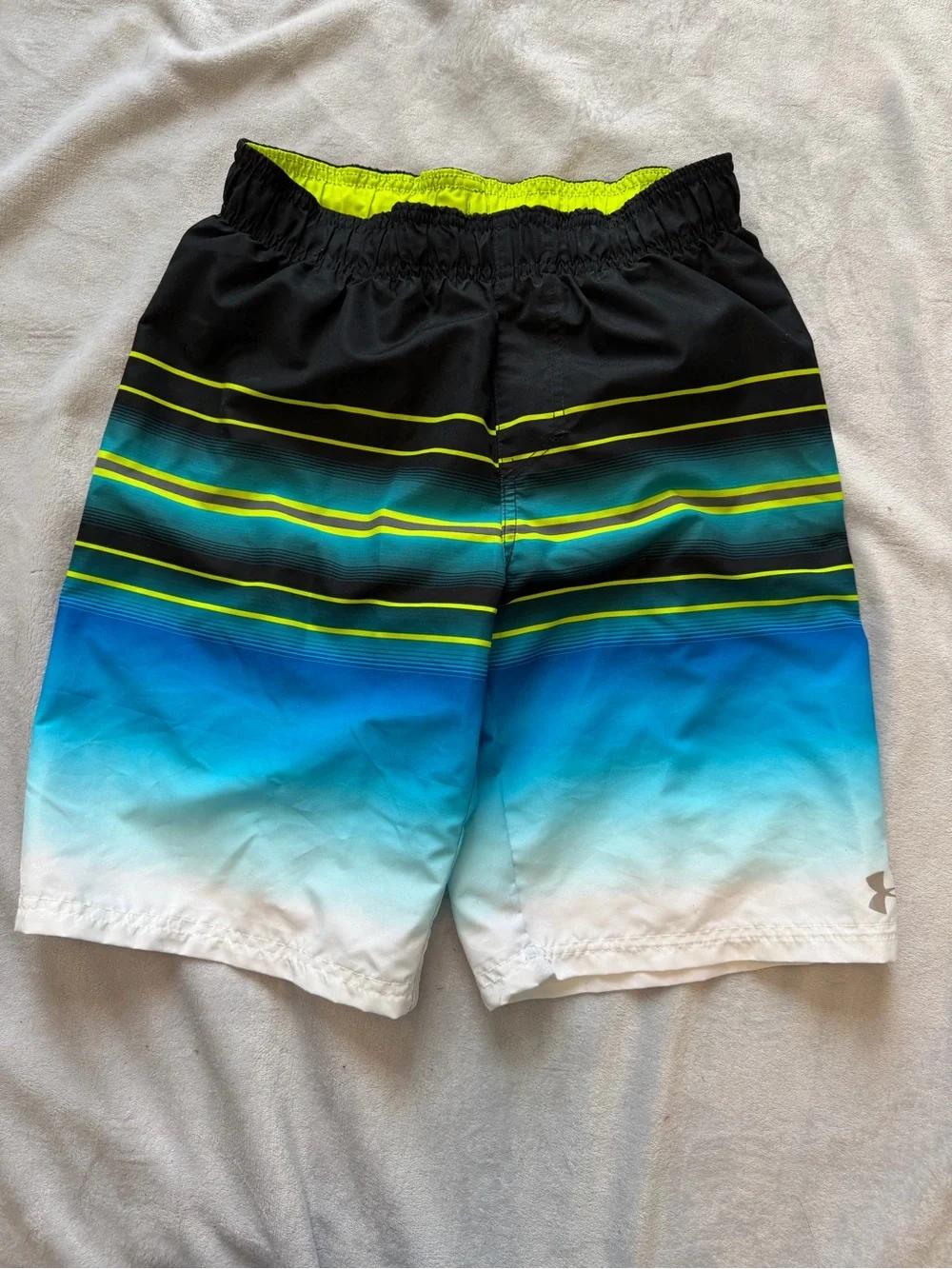 Under Armour Boys Swim Trunks YLG Blue Black Neon Stripe Board Shorts